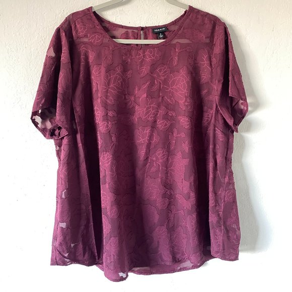 Torrid Womens Blouse Lace Chiffon Abbey Floral Size 2 Burgundy Semi Sheer Top - Picture 1 of 14